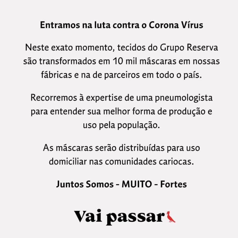 Grupo Reserva produz e distribui 10 mil máscaras às comunidades carentes do RJ