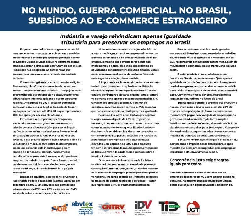ABVTEX reforça alerta contra subsídios ao e-commerce estrangeiro em manifesto nacional
